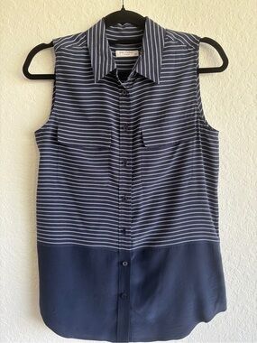 Equipment Silk Sleeveless Blouse Small Navy Blue & White Striped Tank Like New
